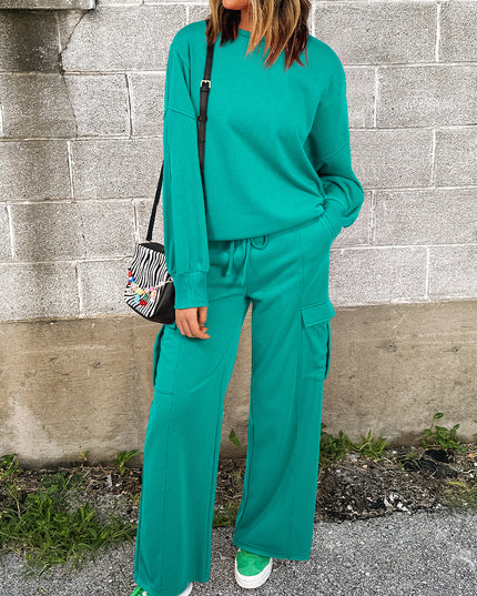 Lapis Mineral Wash Pullover and Wide Leg Cargo Pants Set