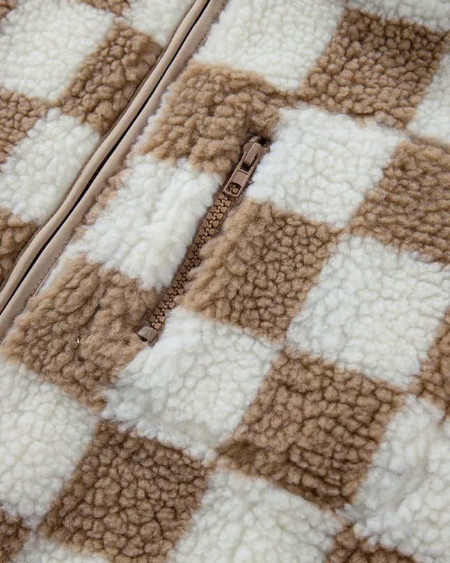 Khaki Checkered Sherpa Collared Jacket Vest