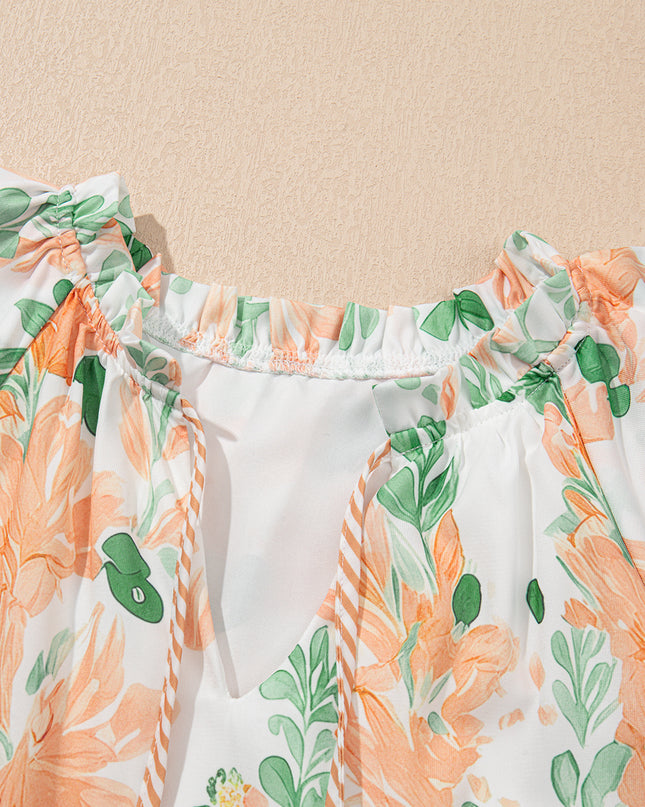 Orange Floral Contrast Edge Ruffle Sleeve Tie Neck Mini Dress