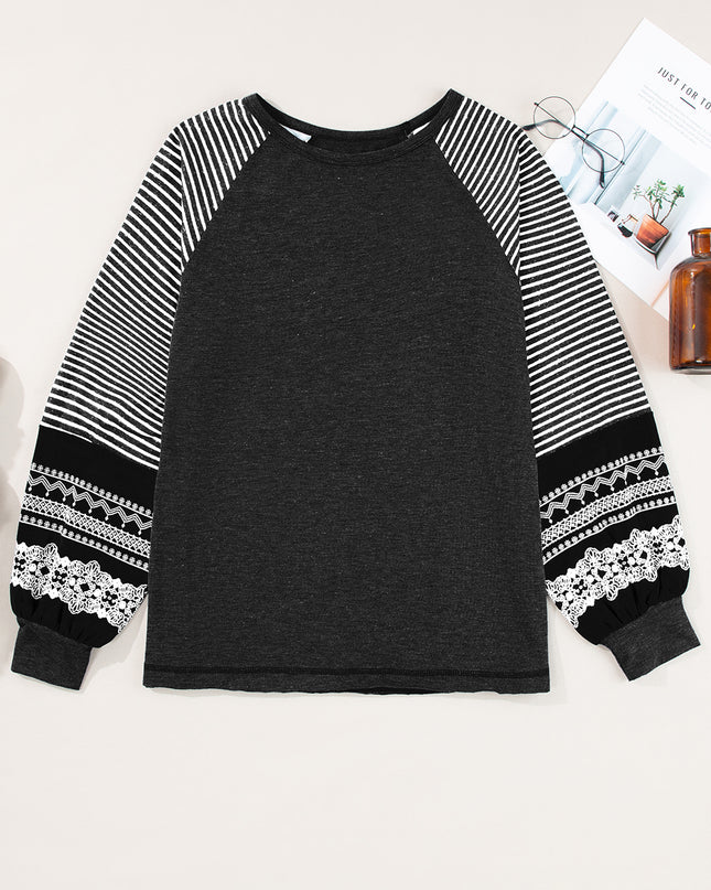 Rose Red Contrast Print Striped Raglan Long Sleeve Loose Top