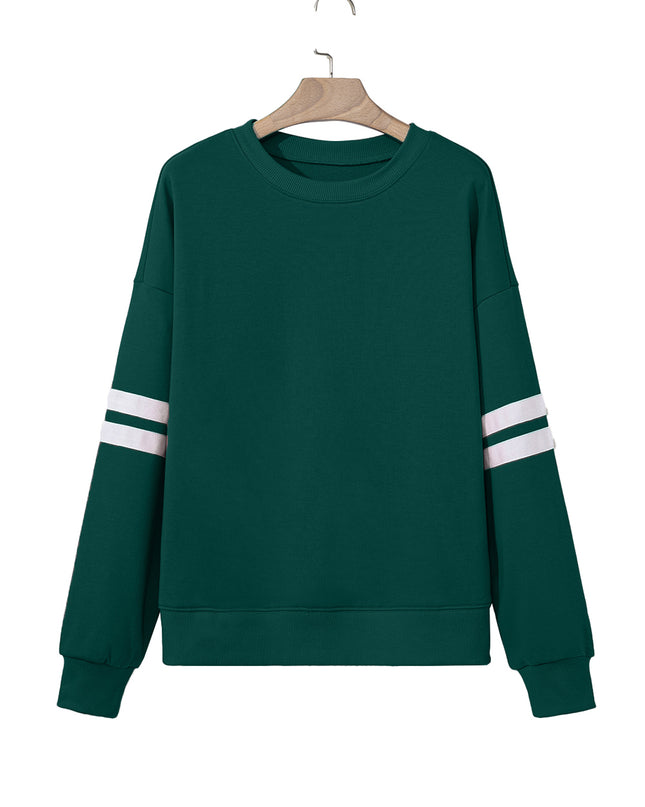 Fiery Red Preppy Striped Sleeve Loose Sweatshirt