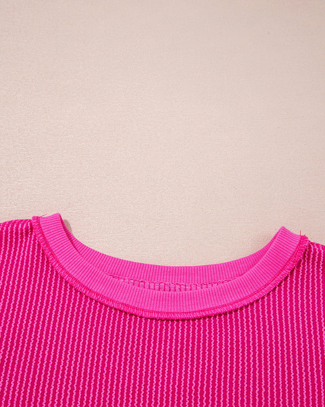 Strawberry Pink Twisted Ribbed Seamed Patchwork Long Sleeve Top