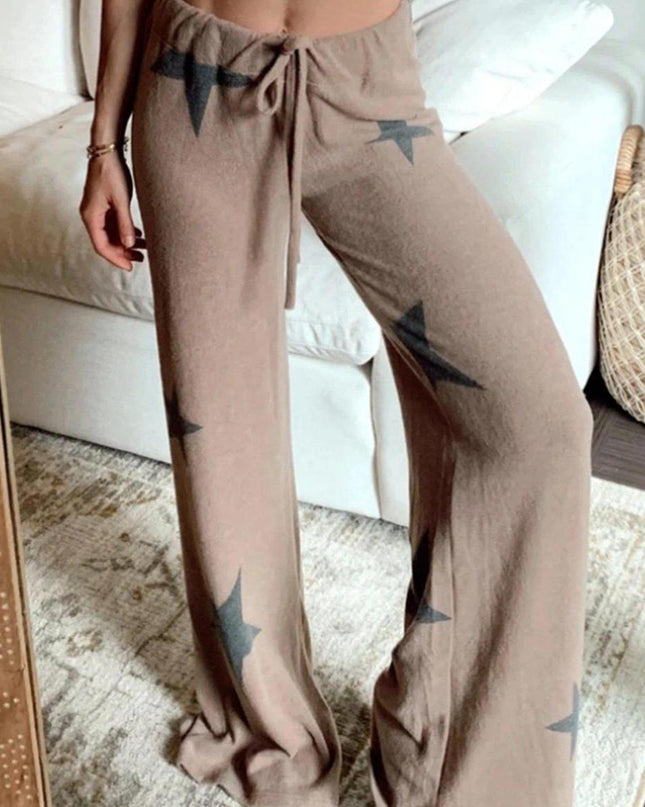 Khaki Retro Star Print Long Sleeve Pullover Drawstring Wide Leg Pajama Set