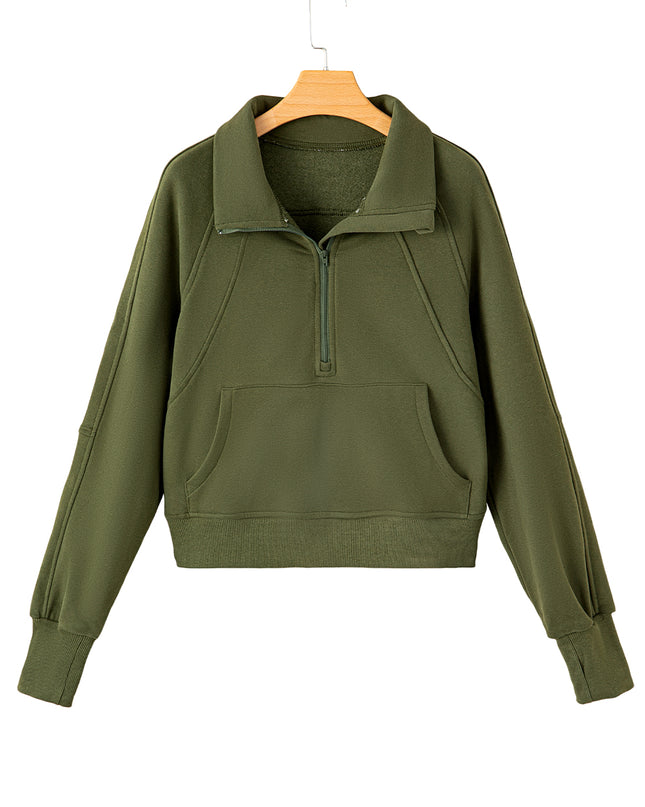 Black Zip Up Stand Collar Ribbed Thumbhole Sleeve Sweatshirt