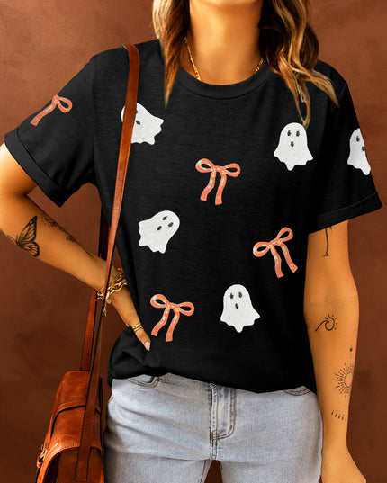 Black Sequin Bow Ghost Patched Halloween Graphic Tee