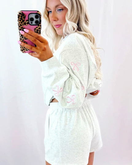 Light Grey Bow Embroidery Long Sleeve Pullover and High Waist Shorts Set