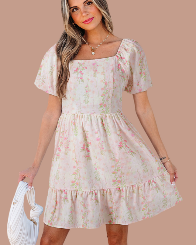 Pink Floral Puff Sleeve Square Neck Knotted Backless Ruffle Mini Dress