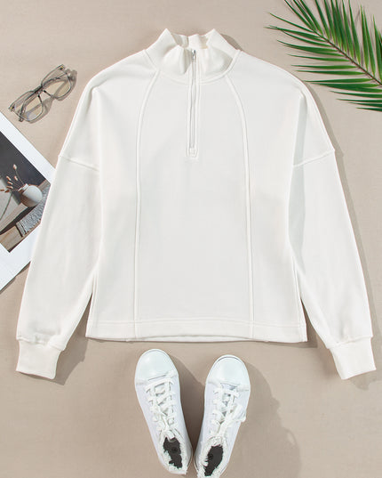 White Zipper Collared Drop Shoulder Plain Sweatshirt