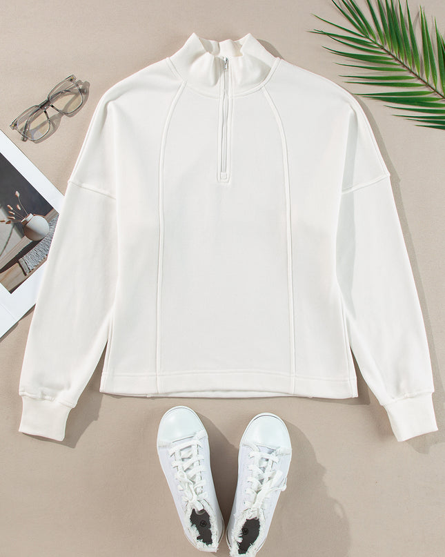 White Zipper Collared Drop Shoulder Plain Sweatshirt