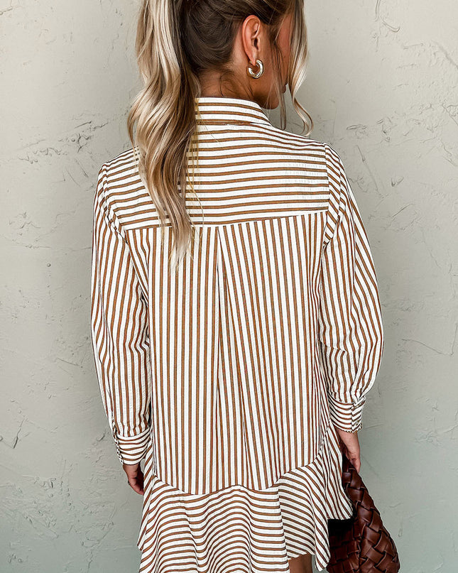 Brown Stripe Ruffle Hem Collared Long Sleeve Shirt Mini Dress