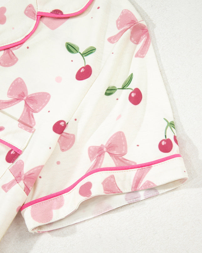 Pink Polka Dot and Bow Print Ruffle Hem Shorts Pajama Set