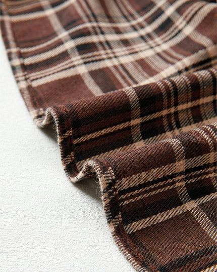 Brown Plaid Waffle Patchwork Henley Hoodie – Cozy Long Sleeve Top for Women
