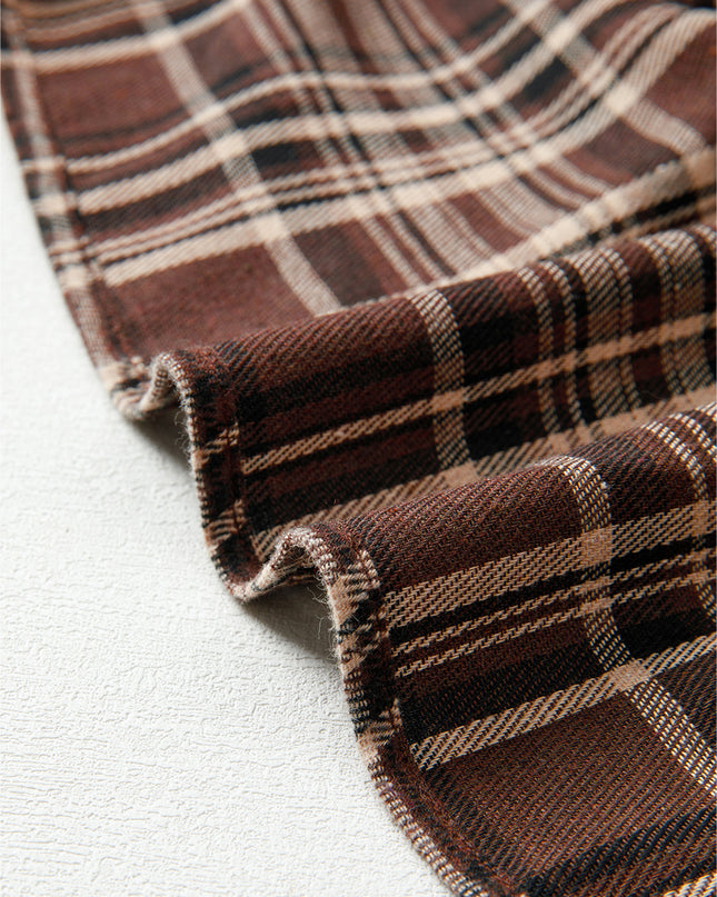 Brown Plaid Waffle Patchwork Henley Hoodie – Cozy Long Sleeve Top for Women