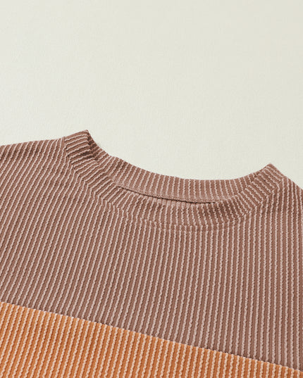 Multicolor Colorblock Ribbed Loose Long Sleeve Top