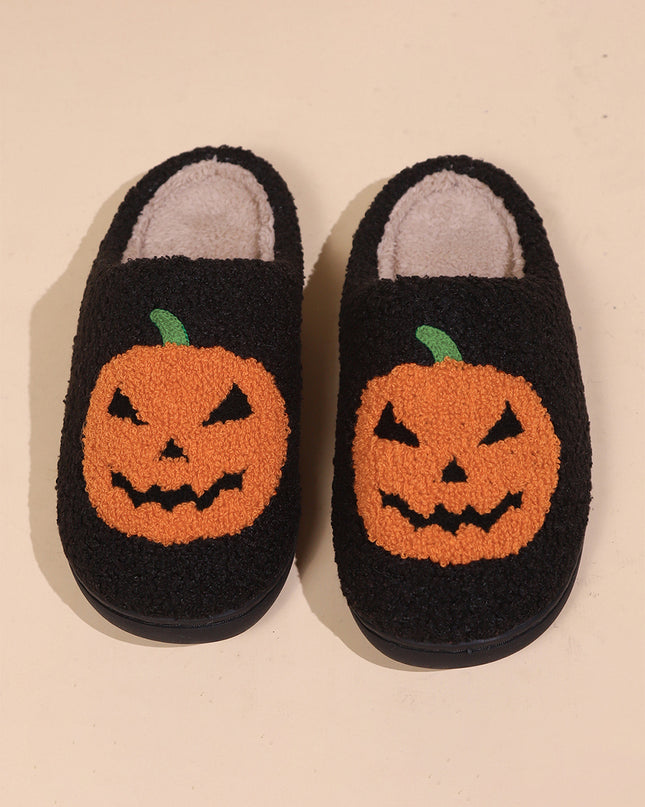 White Halloween Pumpkin Print Plush Slippers