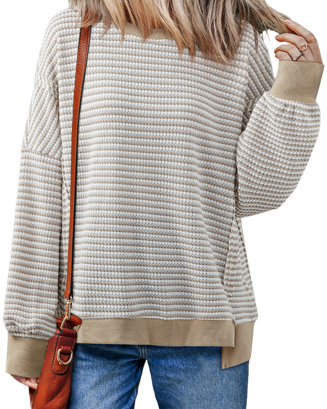 Brown Stripe Ribbed Trim Drop Shoulder Long Sleeve Oversized Top
