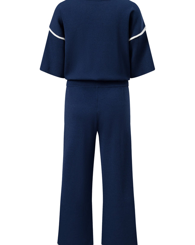 Navy Blue Loose Contrast Trim Half Sleeve Top and Drawstring Pants Set