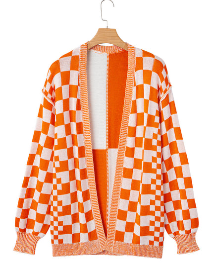 Orange Checkered Open Front Drop Shoulder Cardigan
