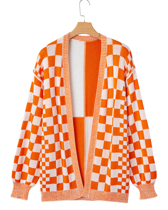 Orange Checkered Open Front Drop Shoulder Cardigan