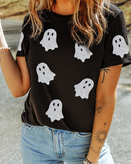 Black Glitter Ghost Pattern Crew Neck Halloween Graphic T Shirt