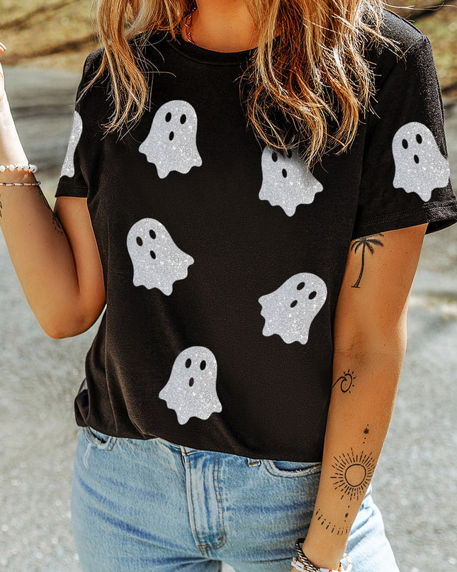 Black Glitter Ghost Pattern Crew Neck Halloween Graphic T Shirt