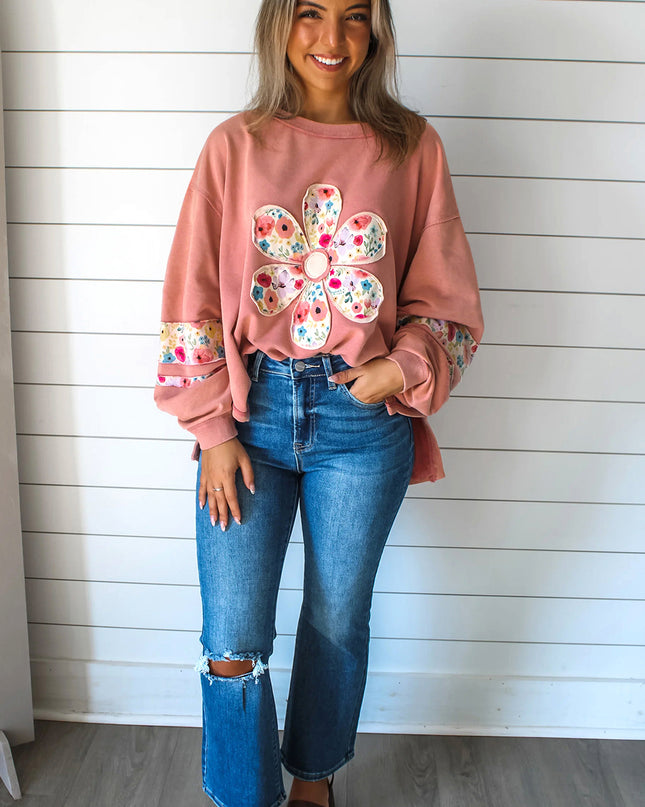 Peach Blossom Flower Applique Patchwork Drop Sleeve Pullover Sweatshirt
