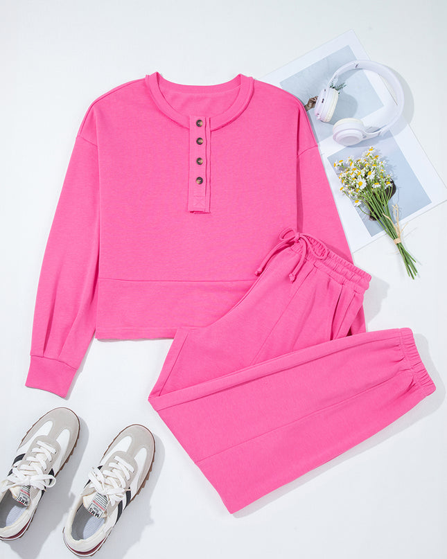 Bright Pink Raw Edge Henley Pullover and Jogger Pants Set