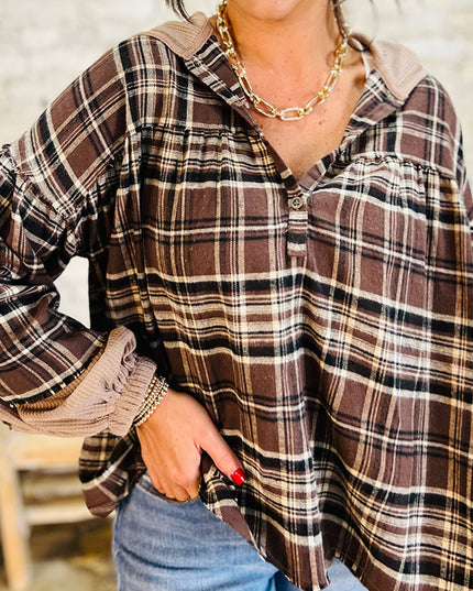 Brown Plaid Waffle Patchwork Henley Hoodie – Cozy Long Sleeve Top for Women