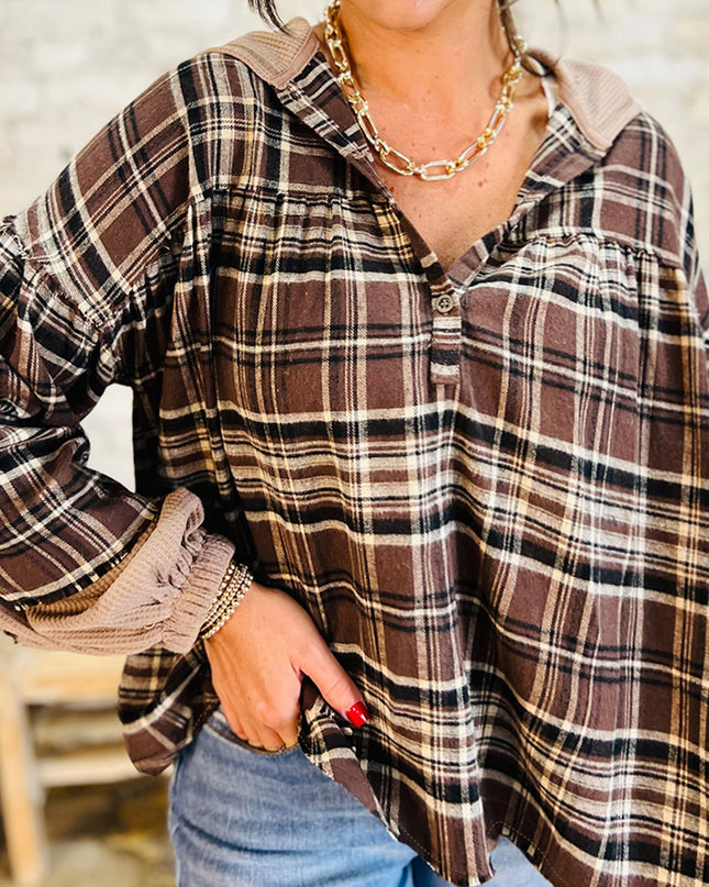 Brown Plaid Waffle Patchwork Henley Hoodie – Cozy Long Sleeve Top for Women
