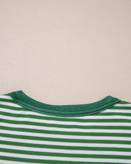 Green Striped Patchwork Knit Drop Shoulder Top
