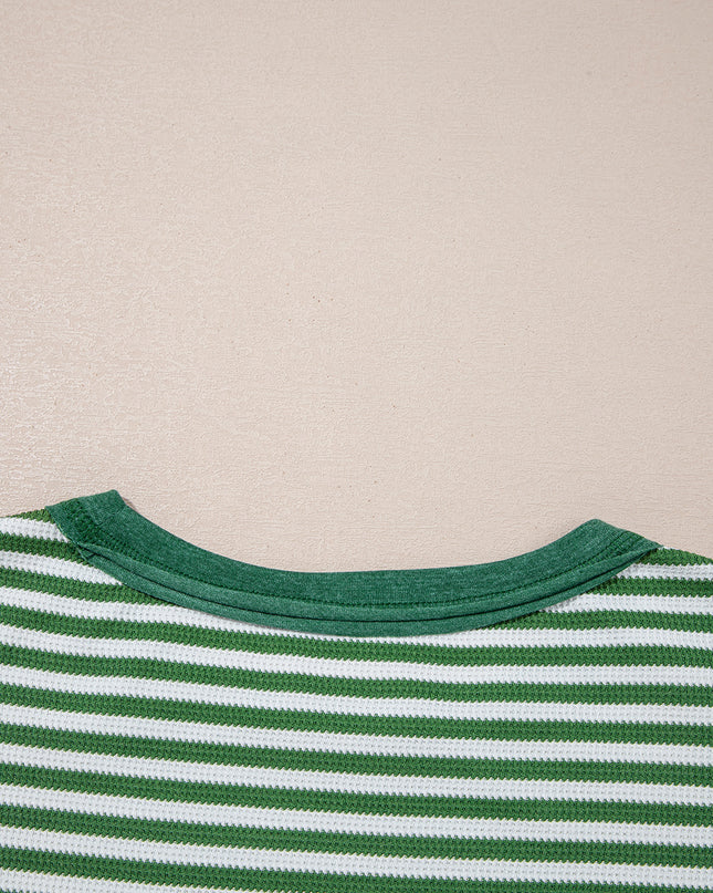 Green Striped Patchwork Knit Drop Shoulder Top