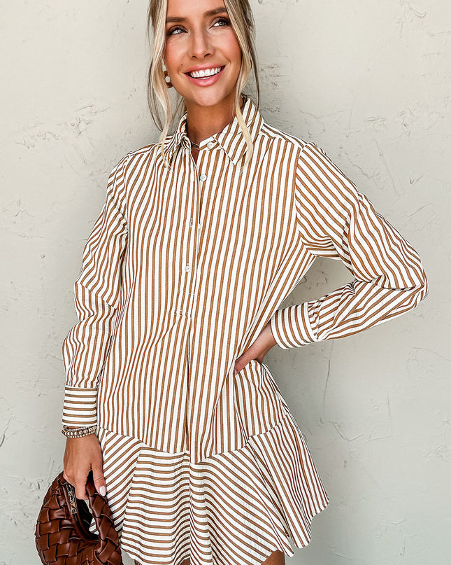 Brown Stripe Ruffle Hem Collared Long Sleeve Shirt Mini Dress