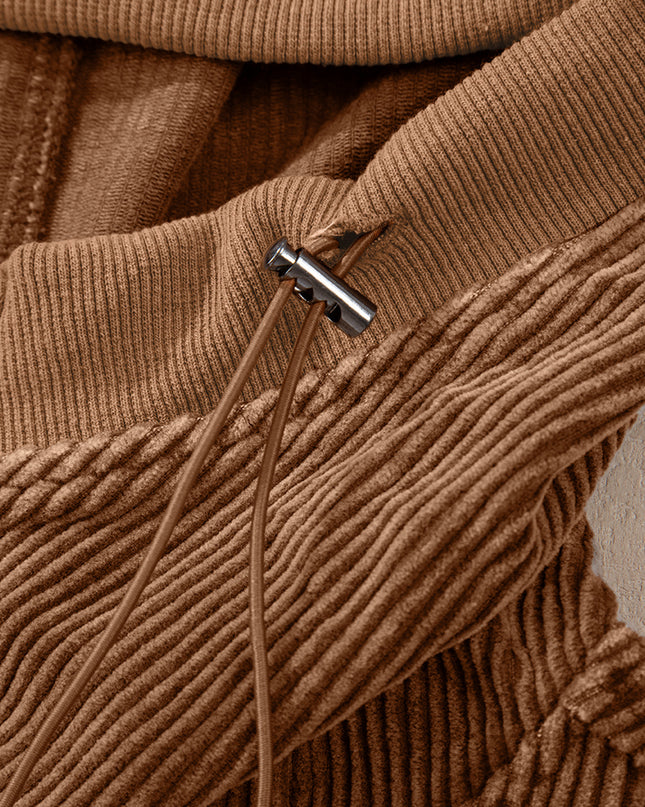 Chestnut Half Zipper Kangaroo Pocket Drawstring Corduroy Hoodie