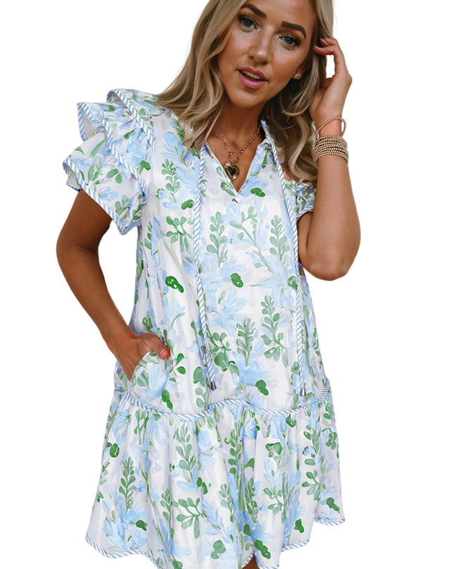 Orange Floral Contrast Edge Ruffle Sleeve Tie Neck Mini Dress