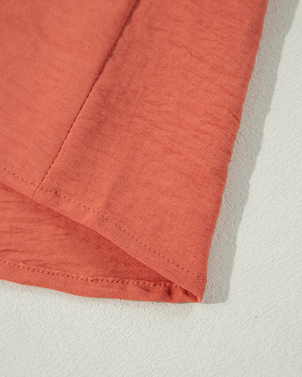 Russet Orange Swiss Dot Balloon Sleeve Patchwork Crinkle Blouse