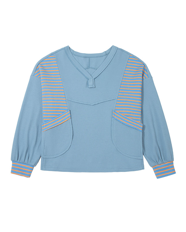 Meadow Mist Green Exposed Seam Waffle Striped Patchwork Baggy Pullover