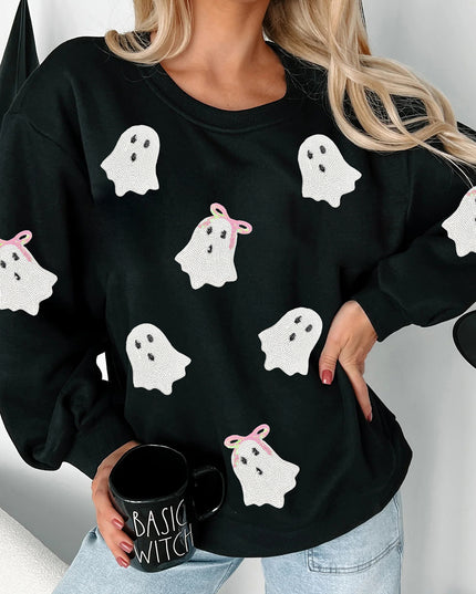 Black Sequin Cute Bow Ghost Graphic Crew Neck Halloween Sweatshirt