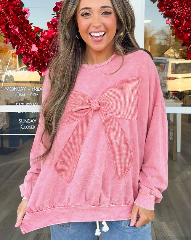 Bright Pink Mineral Wash Waffle Bow Patched Pullover Sweatshirt