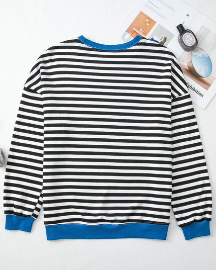 Blue Striped Contrast Trim Drop Shoulder Sweatshirt