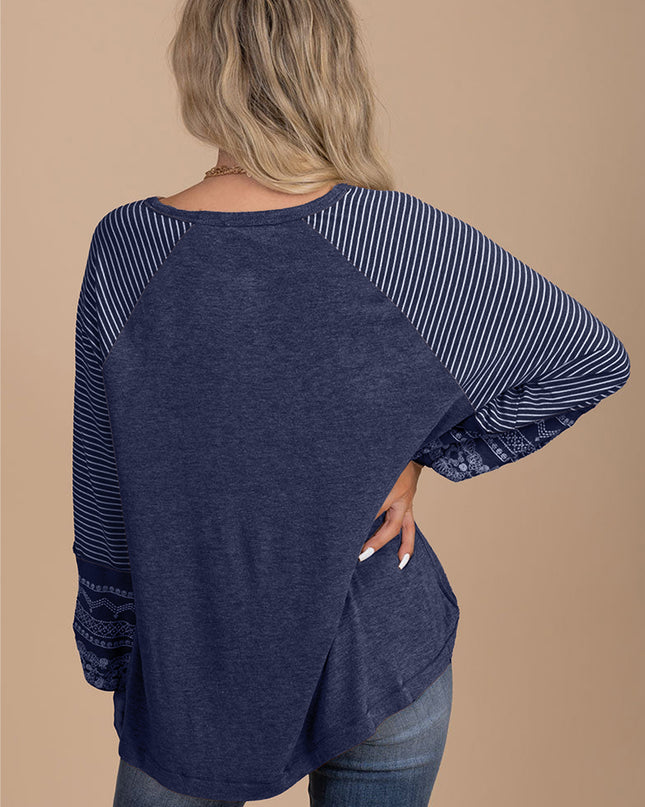 Rose Red Contrast Print Striped Raglan Long Sleeve Loose Top