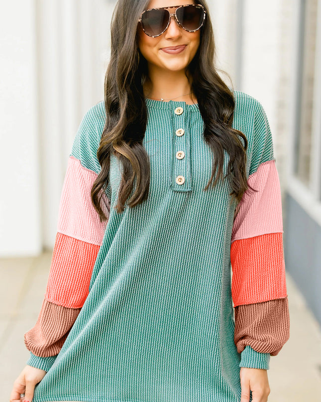 Multicolour Twisted Ribbed Colorblock Patchwork Henley Top