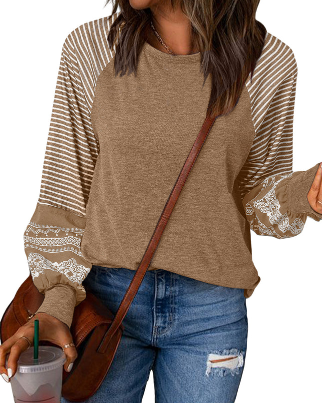 Rose Red Contrast Print Striped Raglan Long Sleeve Loose Top