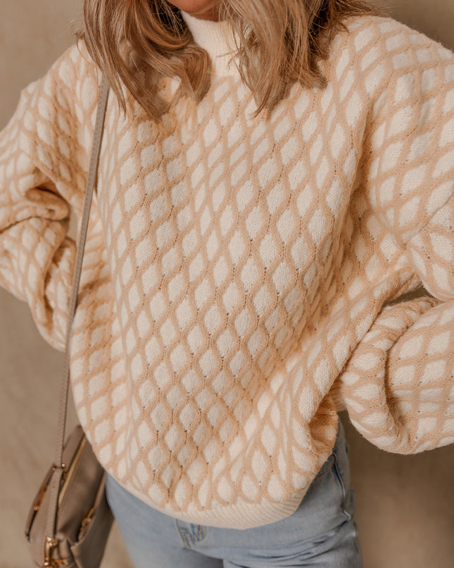 Smoke Gray Checkered Textured Knit Mock Neck Sweater