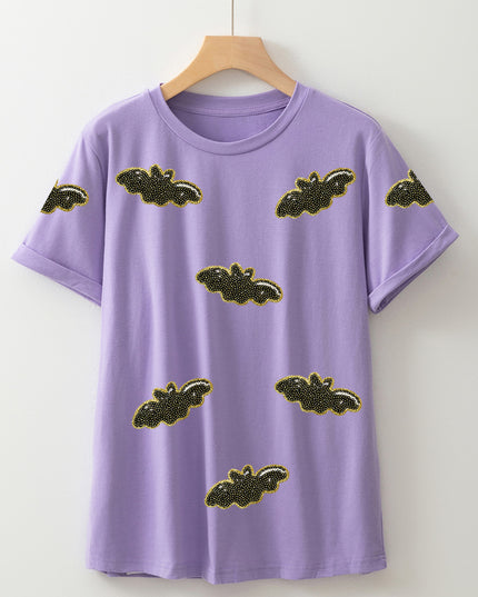 Wisteria Sequin Halloween Bat Patched Casual T Shirt
