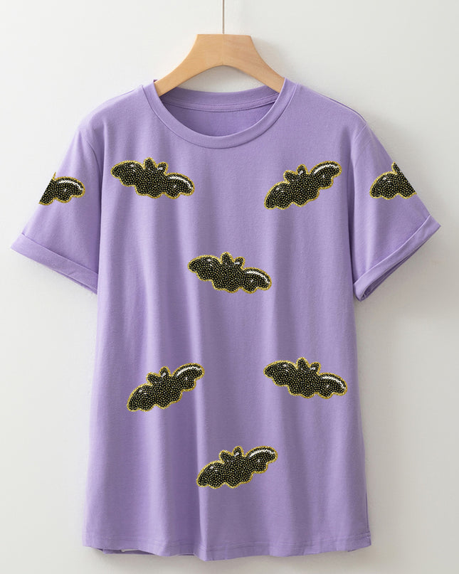 Wisteria Sequin Halloween Bat Patched Casual T Shirt