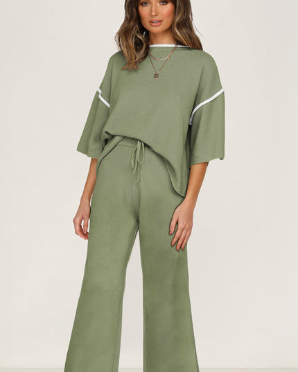 Navy Blue Loose Contrast Trim Half Sleeve Top and Drawstring Pants Set