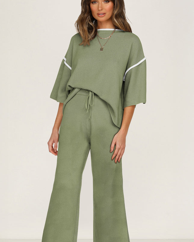 Navy Blue Loose Contrast Trim Half Sleeve Top and Drawstring Pants Set