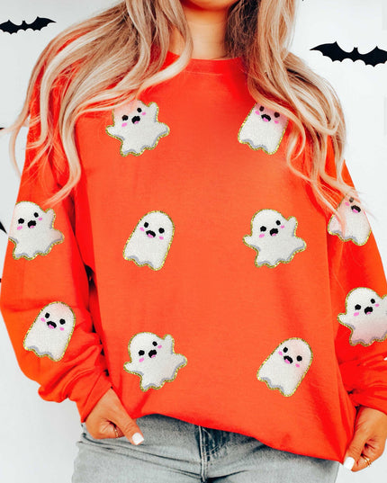 Orange Halloween Ghost Cute Patched Pattern Holiday Sweatshirt