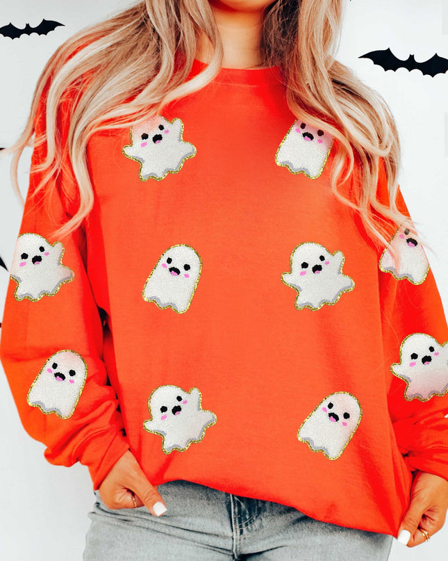 Orange Halloween Ghost Cute Patched Pattern Holiday Sweatshirt