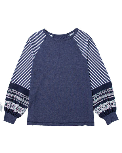 Rose Red Contrast Print Striped Raglan Long Sleeve Loose Top